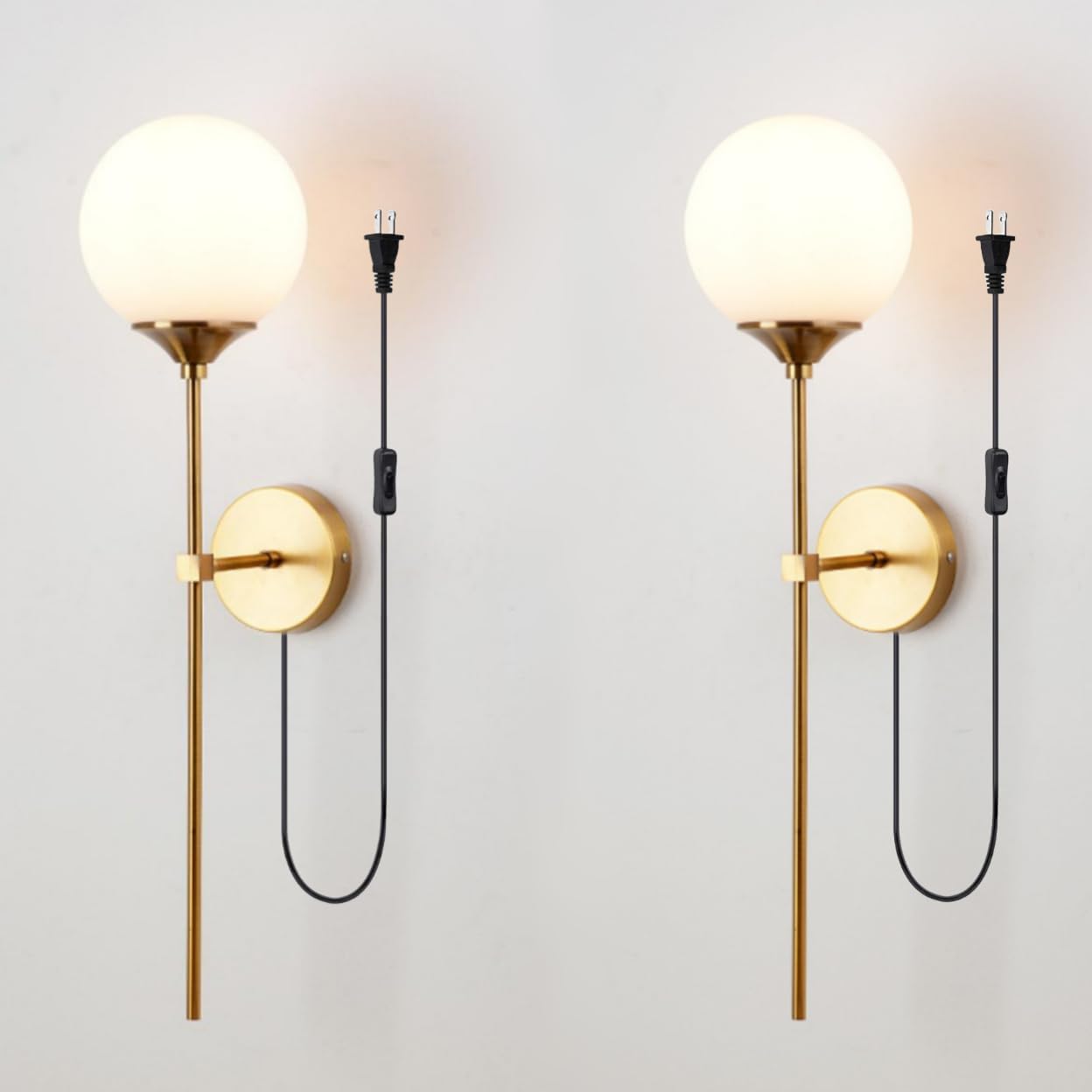 Mid-Century Modern Plug in Wall Light Smoke Grey Glass Wall Sconce Set of Two Gold Long Wall Mounted Lamp 5.9inch Glass Globe Wall Sconce Lighting for Bathroom Bedroom Living Room