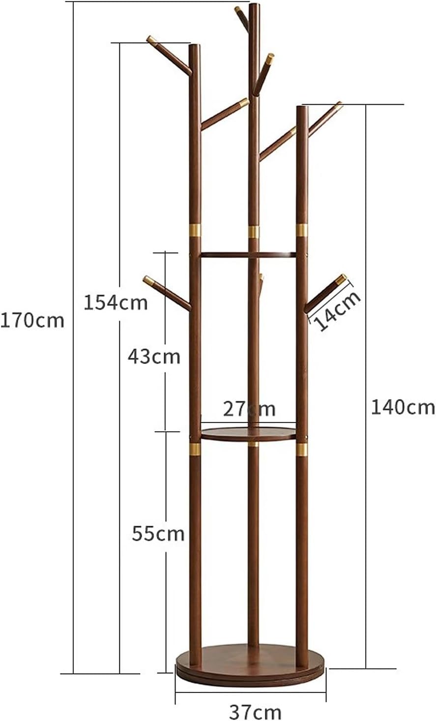 Bamboo Clothes Hanging Rack with 3 Tier Storage Shelves and 9 Coat Hooks, Portable Clothing Organizer Hat Tree Garment Rack for Bedroom Guest Room