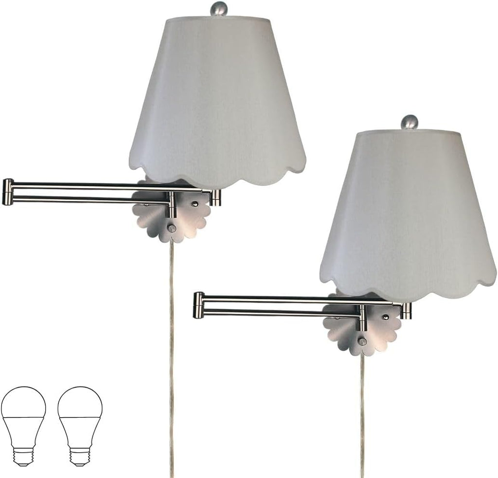 Royal Designs, Inc. Set of 2 Scalloped Swing-Arm Dimmable Wall Lamp - Brushed Nickel Lamp with Gray Scallop Hardback Lampshade