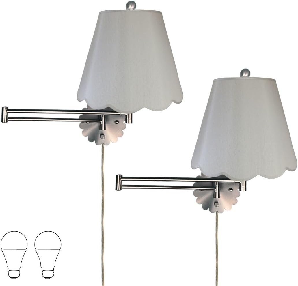 Royal Designs, Inc. Set of 2 Scalloped Swing-Arm Dimmable Wall Lamp - Brushed Nickel Lamp with Gray Scallop Hardback Lampshade