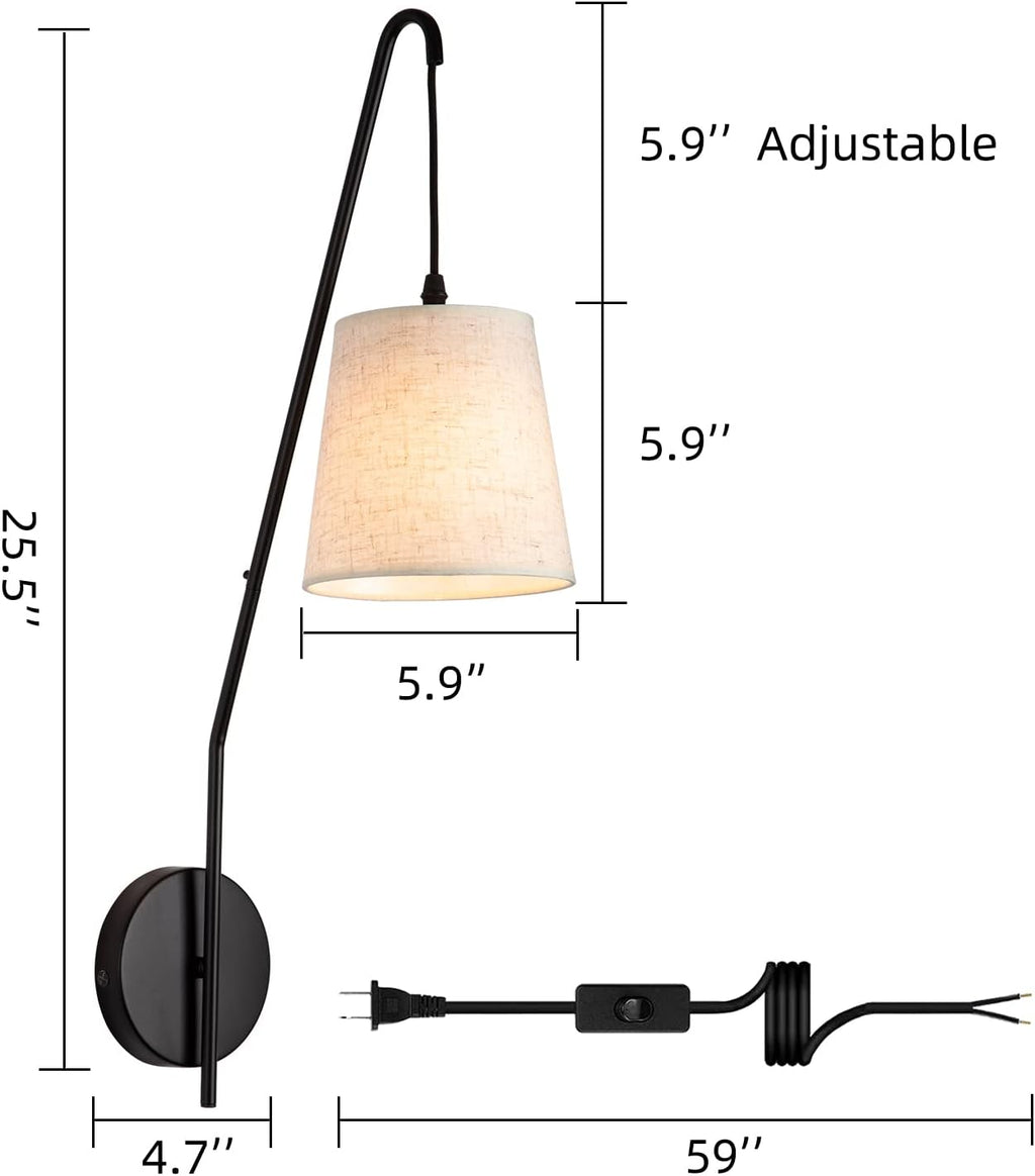 Plug in Wall Sconces Set of Two, Wall Lamps for Bedrooms Set of 2, Black Farmhouse Wall Mounted Lights for Bedside, Living Room, Rustic Sconces Wall Lighting Fixtures with 59inch On/Off Switch Cord