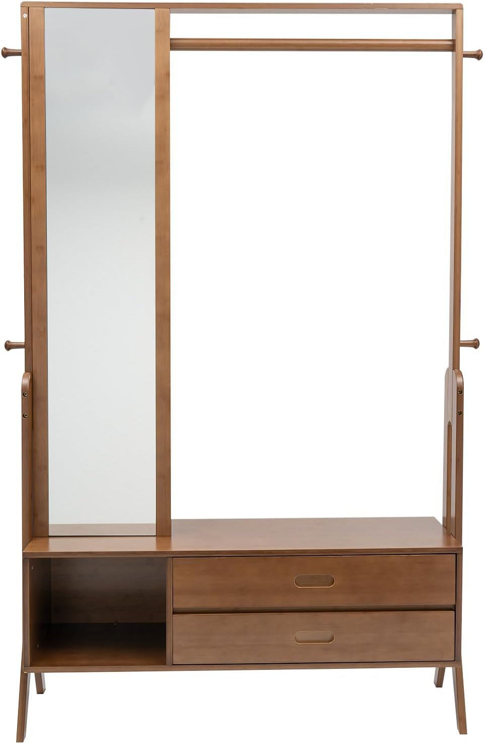 Bamboo Wooden Garment Rack, Freestanding Closet Organizers and Storage Drawers with Mirror & Hooks, Coat Rack, Open Wardrobe for Entryway - Overall Size: 40.5 * 13 * 66.5in, Brown