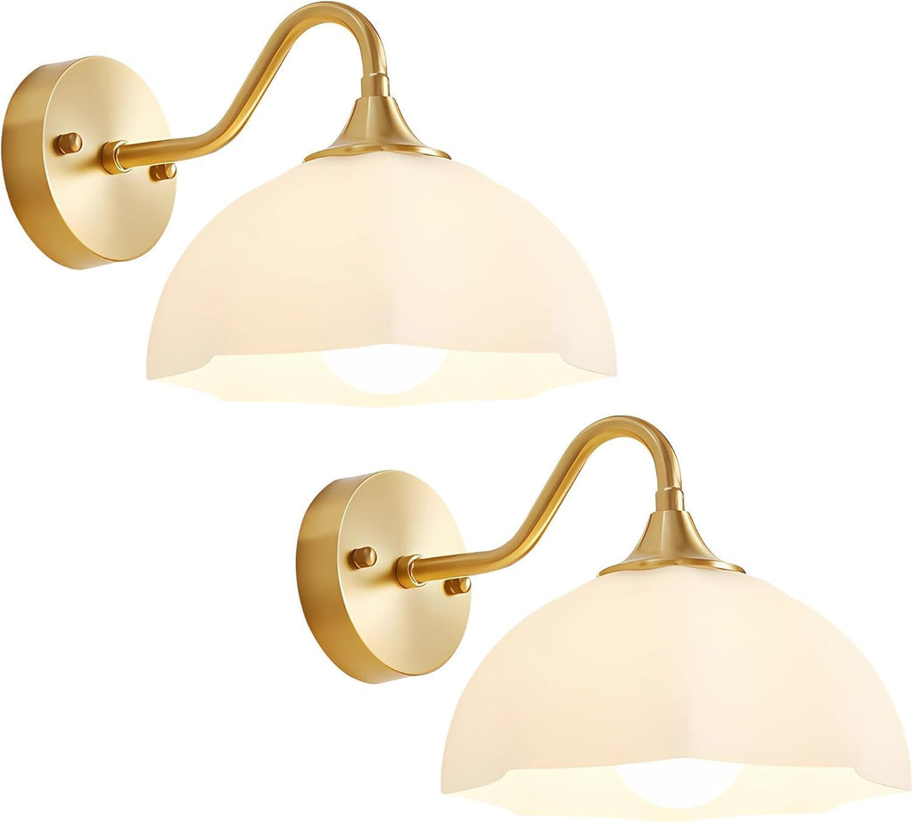Gold Wall Sconce Set of 2 Mid Century Modern Wall Mount Light Hardwired Sconces Wall Lighting with Milky White Glass Shade Indoor Bedside Sconces Wall Lamp for Living Room Hallway MWL02-2A
