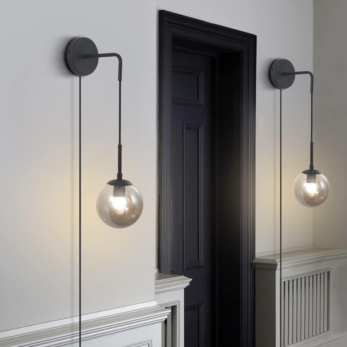 BOKT Modern Smoke Gray Glass Wall Sconce Lighting Set of Two Plug in Cord Mid Century Matte Black Wall Light Fixture Set of 2 Plug in Vanity Globe Bathroom Wall Lamp (Smoke Gray)