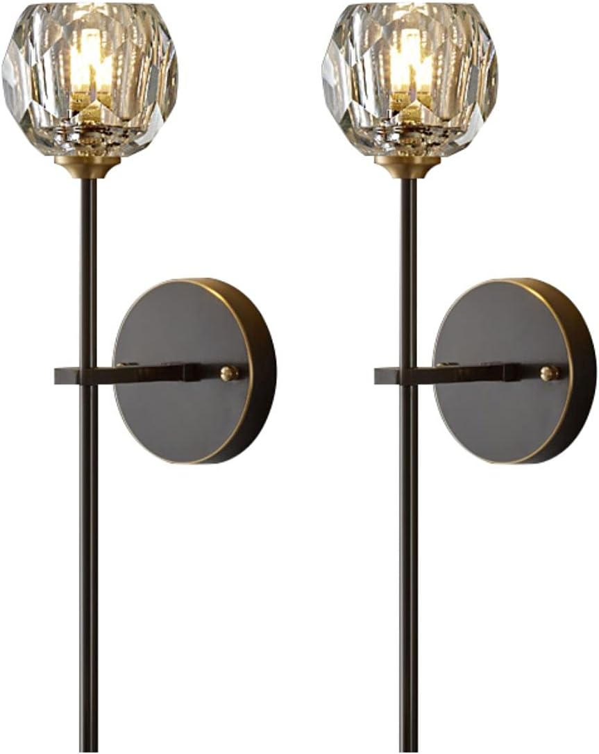 BOKT Mid Century Matte Black Crystal Wall Sconce Lighting Set of 2 Modern Long Metal Wall Light Set of Two 1-Light Clear Glass Wall Lamp Retro Industrial Crystal Bathroom Vanity Light Fixture