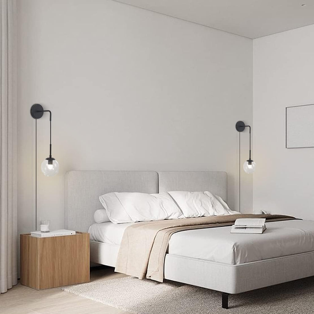 BOKT Mid Century Modern Black Wall Sconce Light Set of Two Plug in Clear Glass Globe Ball Wall Lighting Set of 2 Minimalist Vanity Bathroom Wall Light Lamp Plug in Cord (Clear)