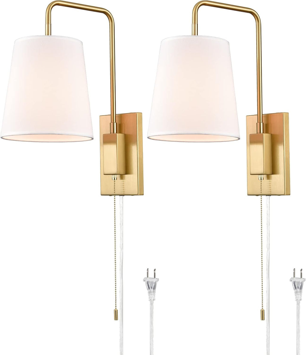 Wall Sconces Set of Two, Gold Fabric Shade Wall Sconce Bedroom Plug-in Wall Lamp Set of 2