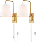 Wall Sconces Set of Two, Gold Fabric Shade Wall Sconce Bedroom Plug-in Wall Lamp Set of 2
