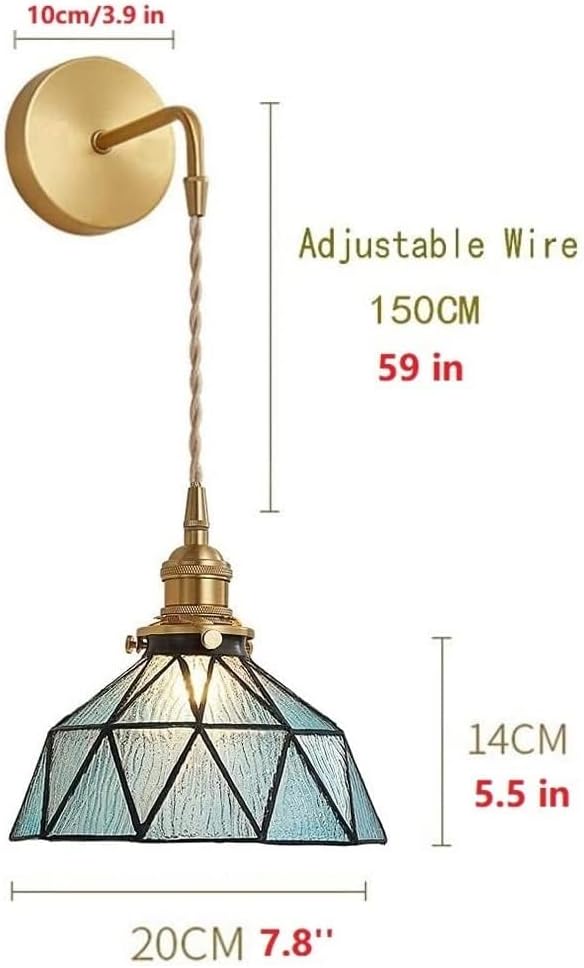 Tiffany Wall Sconces Battery Operated Set of 2,Indoor Wireless Wall Lights with Remote,Blue Glass shade Vintage Hanging Wall Lighting Fixture Wall Decor for Bedroom Bathroom Living Room Hallway