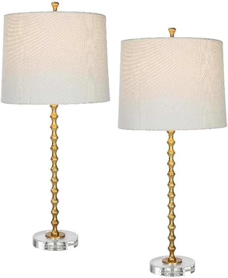 BOWERY HILL Coastal Metal Table Lamp Set of 2, 29 in Tall, Gold Leaf Finish, White Ivory Linen Shade, Crystal Base, Contemporary Transitional Style, Elegant Lighting for Living Room or Bedroom