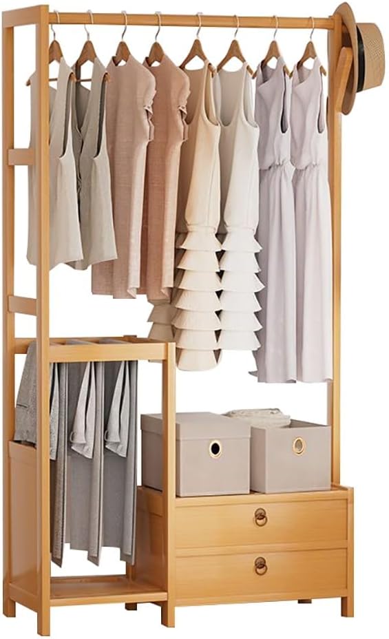Floor-Standing Solid Wood Rotating Coat Rack，Free Standing Bamboo Clothes Rack with Hanging Rod & Storage Shelves - Stylish Garment Organizer for Bedroom, Hallway, Entryway & Home Décor
