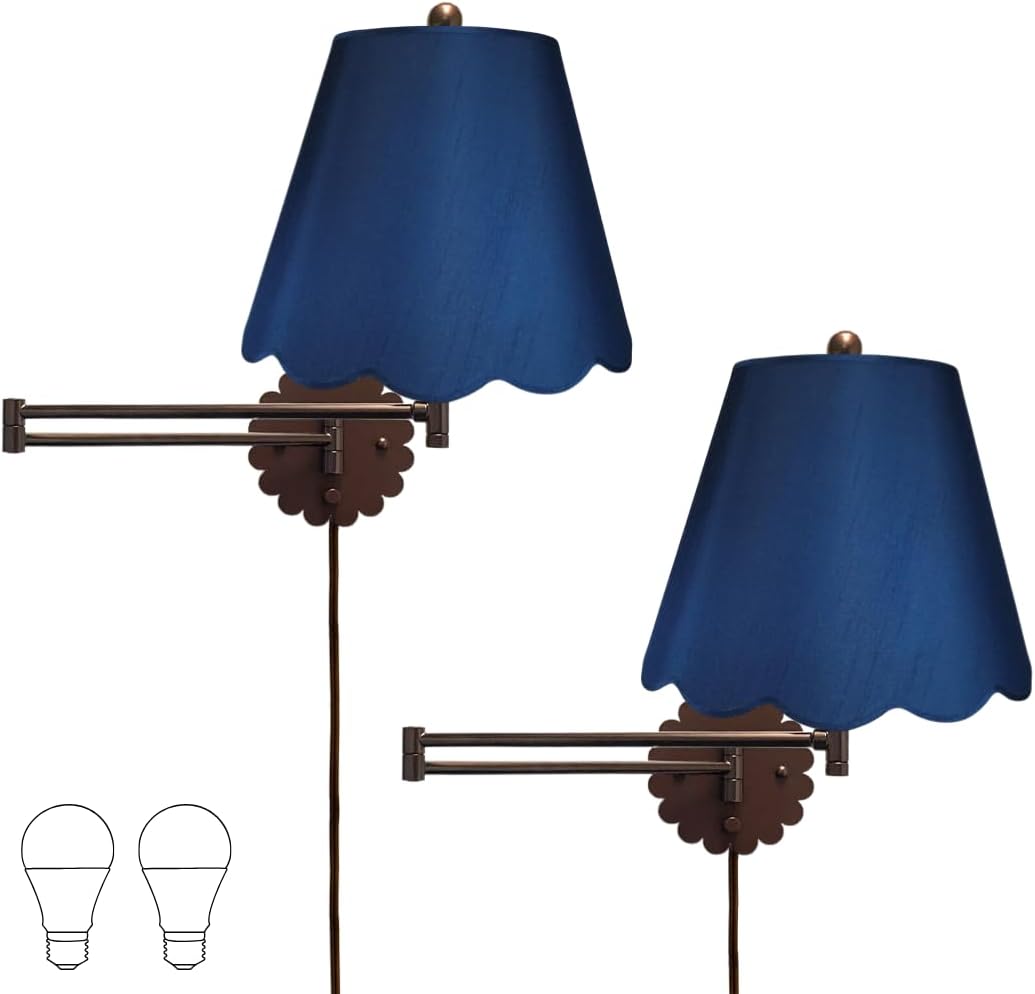 Royal Designs, Inc. Set of 2 Scalloped Swing-Arm Dimmable Wall Lamp - Oil Rubbed Bronze Lamp with Navy Blue Scallop Hardback Lampshade