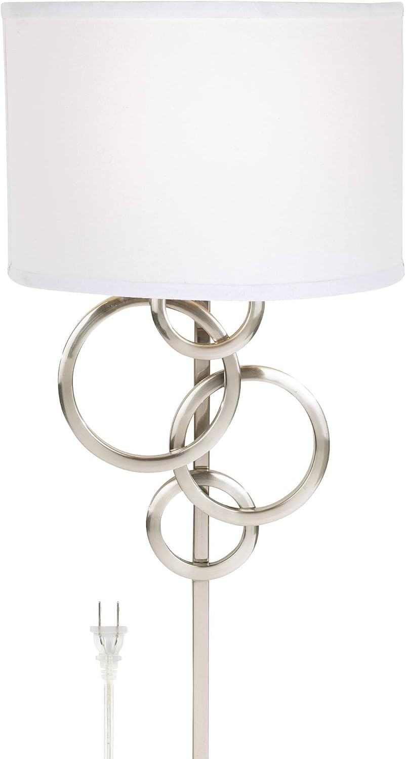 Possini Euro Design Design Circles Modern Wall Lamp Brushed Nickel Metal Plug-in 12' Fixture Cotton Half Drum Shade for Bedroom Bathroom Vanity Reading Living Room Hallway Bedside Dining Room