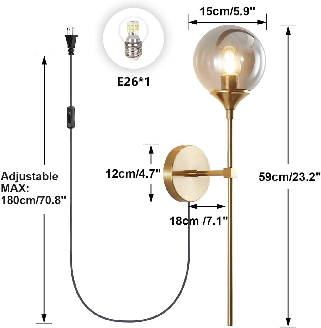BOKT Mid Century Smoke Glass Bathroom Wall Light Plug in Set of 2 Brushed Brass Gold Long Globe Wall Sconce Lighting Plug in Cord Set of Two Industrial Wall Lamp (Smoke Gray-Plug in)