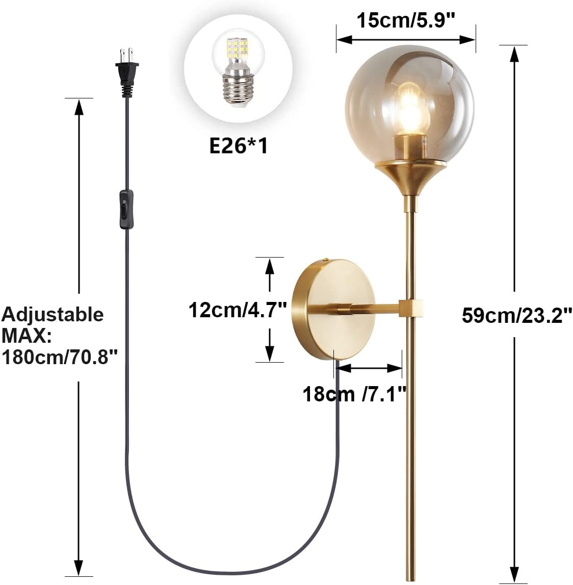 BOKT Mid Century Smoke Glass Bathroom Wall Light Plug in Set of 2 Brushed Brass Gold Long Globe Wall Sconce Lighting Plug in Cord Set of Two Industrial Wall Lamp (Smoke Gray-Plug in)