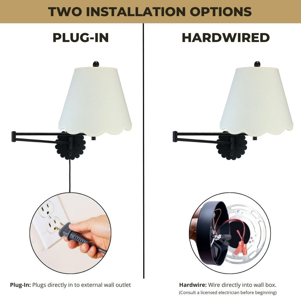 Royal Designs, Inc. Set of 2 Scalloped Swing-Arm Dimmable Wall Lamp - Black Lamp with Linen Eggshell Scallop Hardback Lampshade