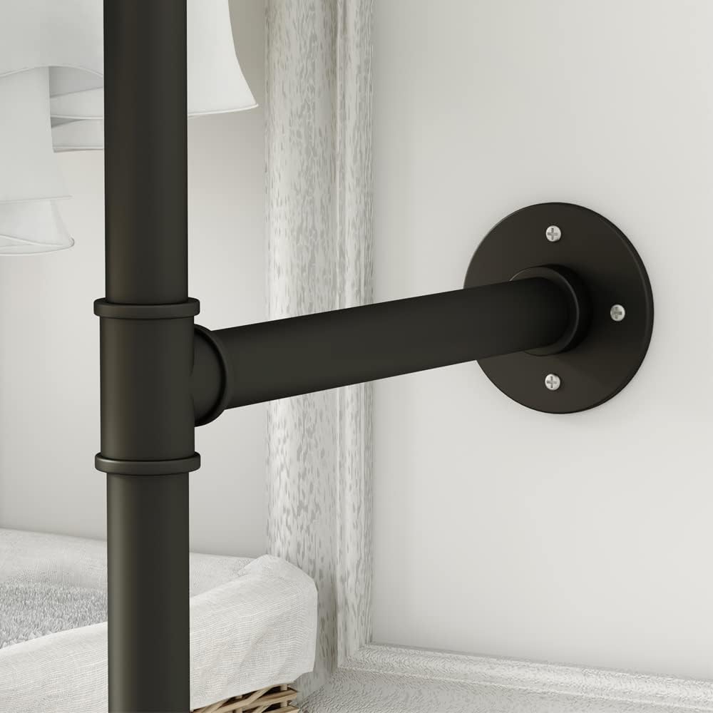 Industrial Pipe Clothing Rack with Shelves, Wall Mounted Garment Rack, Heavy Duty Choset Clothes Rack for Indoor Bedroom and as walk-in Closet System(Black)