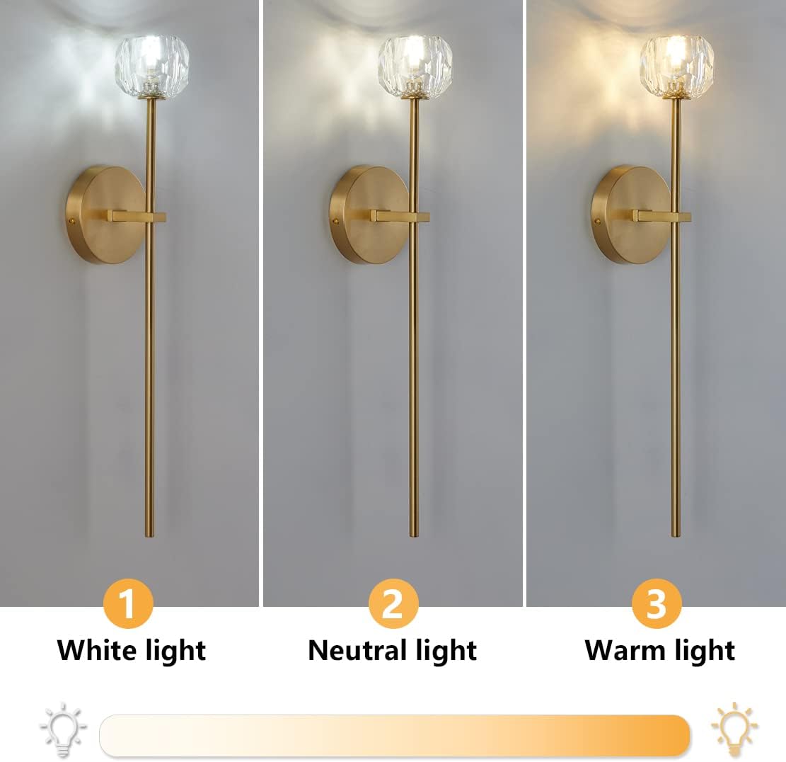 BOKT Mid Century Modern Gold Crystal Wall Sconce Set of Two Brushed Brass Gold Long Wall Sconce Lighting Set of 2 Vintage Clear Glass Hard-Wired Wall Lamp for Bedroom Bedside Living Room