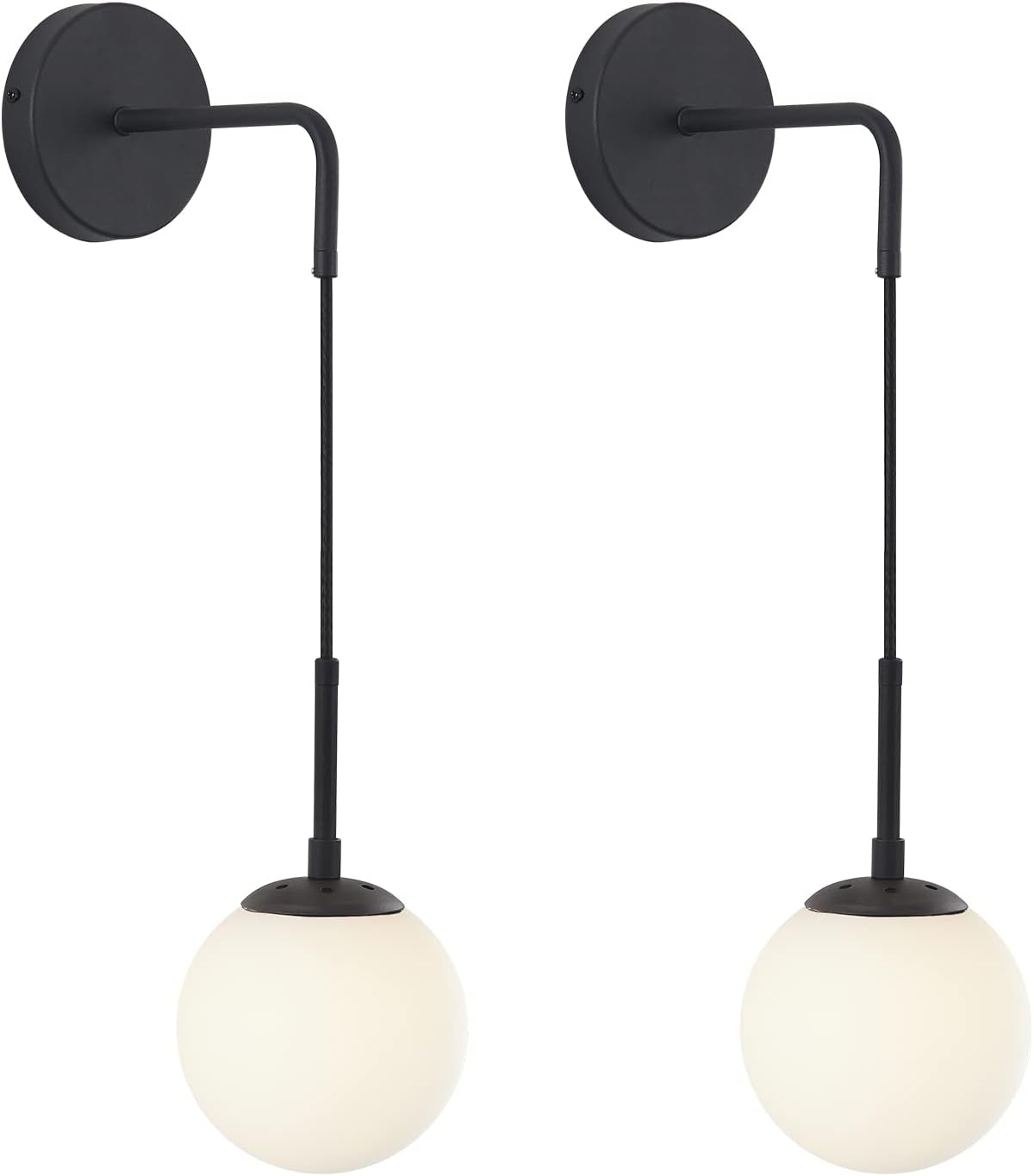 KCO Lighting Frosted White Glass Wall Sconce Set of Two Black Globe Ball Wall Light Adjustable Cord Industrial Vanity Wall Lamp for Bathroom Mirror Bedside Stairs (White)