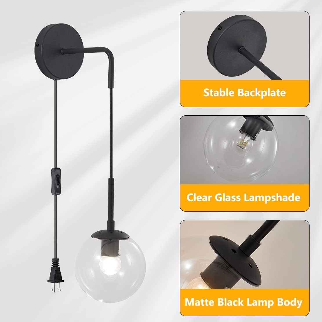 BOKT Mid Century Modern Black Wall Sconce Light Set of Two Plug in Clear Glass Globe Ball Wall Lighting Set of 2 Minimalist Vanity Bathroom Wall Light Lamp Plug in Cord (Clear)