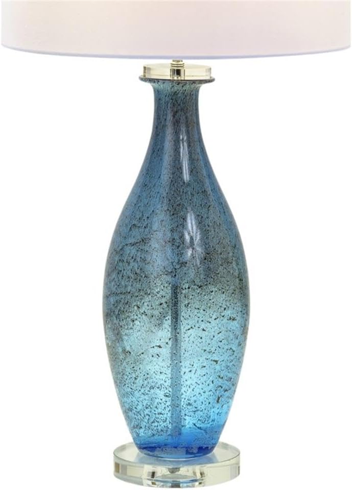 Pemberly Row Contemporary Table Lamps, 30-Inch Blue Tone Art Glass Body with Crystal Base, Linen Shade, 3-Way Switch, Coastal Style for Living Room or Bedroom Lighting, Set of 2