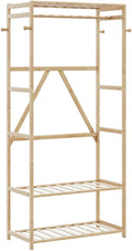 Bamboo Clothes Rack for Hanging Clothing, Freestanding Garment Organizer with Shelves, Ideal for Bedroom Storage
