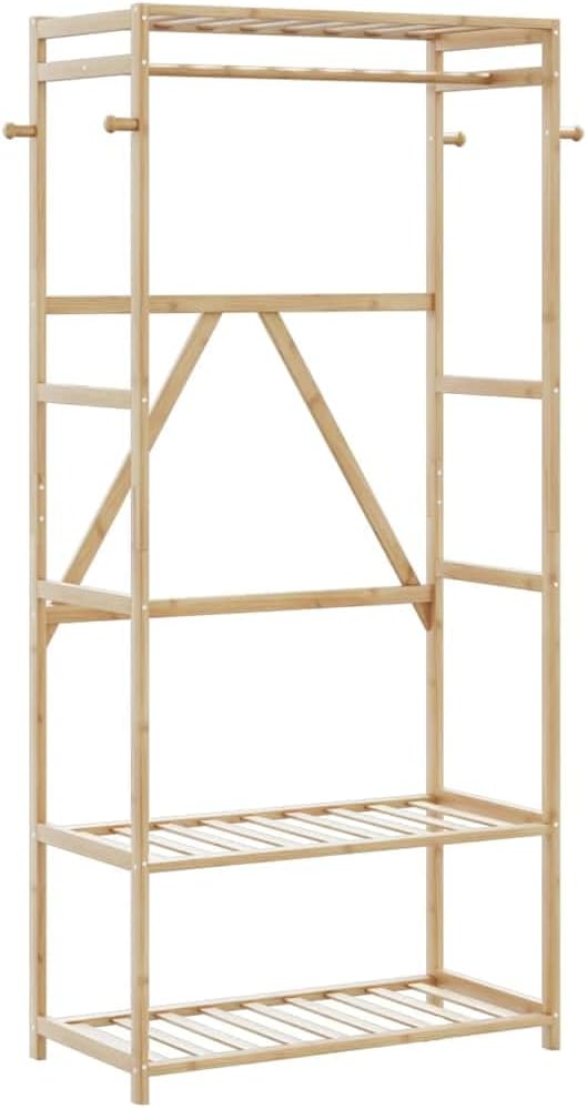 Bamboo Clothes Rack for Hanging Clothing, Freestanding Garment Organizer with Shelves, Ideal for Bedroom Storage