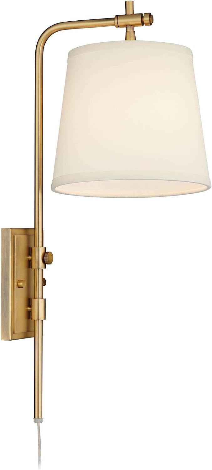 Barnes and Ivy Seline Modern Wall Lamps Set of 2 Warm Gold Metal Plug-in 9' Adjustable Swivel Off-White Linen Drum Shade for Bedroom Living Room Home Hallway Dining Kitchen