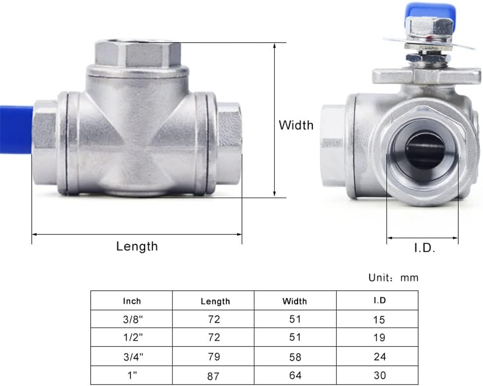 Garden Tap Connector Water Pipe Connectors, Stainless Steel 3-Way Ball Valve,T-Type L-Type 1/4' 3/8' 1/2' 3/4' 1' DN8- DN50 BSPT Female Thread Ball Valvees,1(T Type,DN10)
