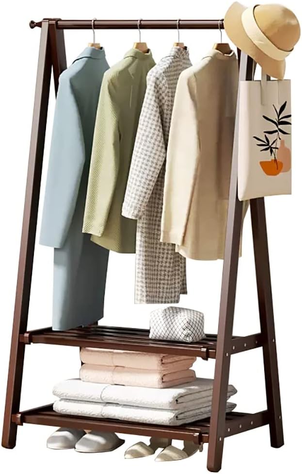 Coat Rack Bamboo Clothing Garment Rack with Coat Rail 2 Tier Shoe Organizer Shelf Heavy Duty Stand Open Storage Wardrobe for Hanging Clothes