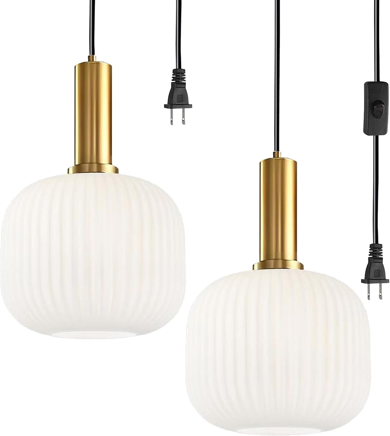 Plug in Pendant Light 2 Pack, Milk White Glass Hanging Light Plug in, Modern Plug-in Pendant Lighting with On/Off Switch, Mid Century Hanging Lamp for Kitchen Island Bedroom Hallway