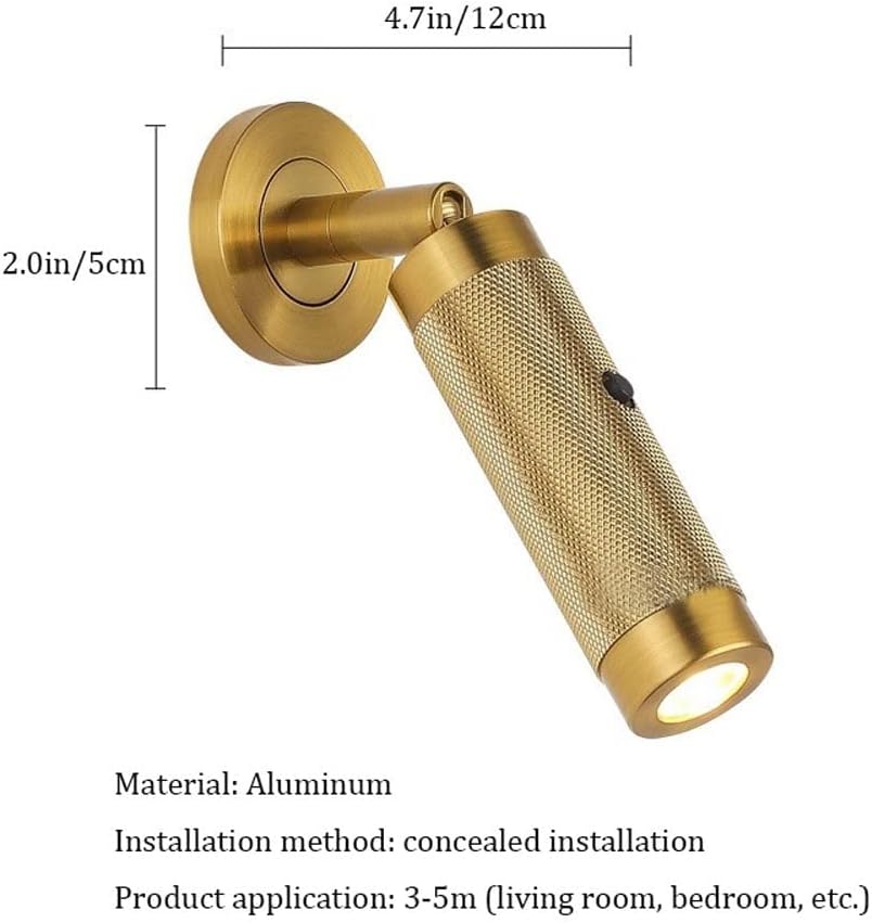 Modern Adjustable Bedside Reading Light Set of 2 Wall Lamps, LED Cylinder Aluminum Wall Lights Scocnes with Switche for Indoor Bedroom LIiving Room Lámpara de Pared (Color : Brass, Size : 6000K)