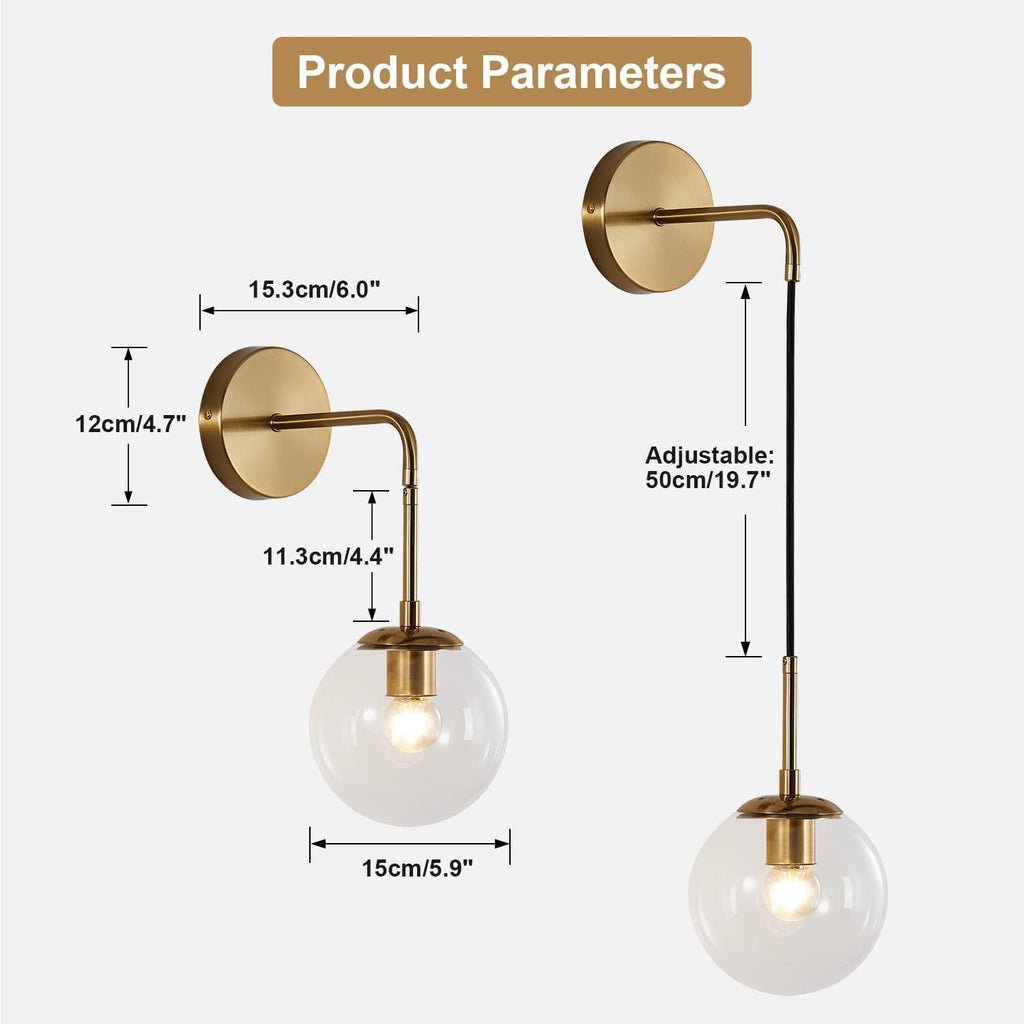 KCO Modern Glass Globe Wall Sconce Set of Two Minimalist Gold Wall Light Fixture with Adjustable Cord Brass Round Glass Wall Mounted Reading Lamp (Clear-2PC)