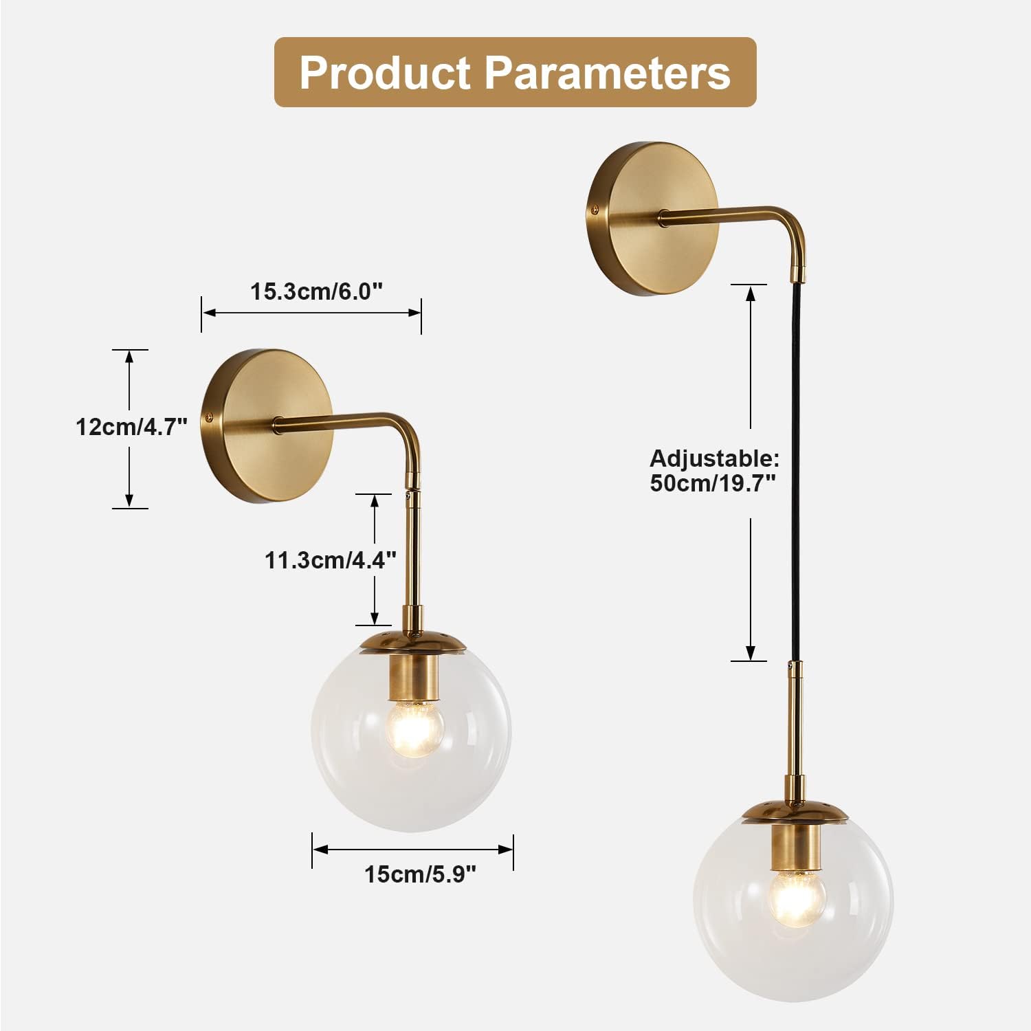 KCO Modern Glass Globe Wall Sconce Set of Two Minimalist Gold Wall Light Fixture with Adjustable Cord Brass Round Glass Wall Mounted Reading Lamp (Clear-2PC)
