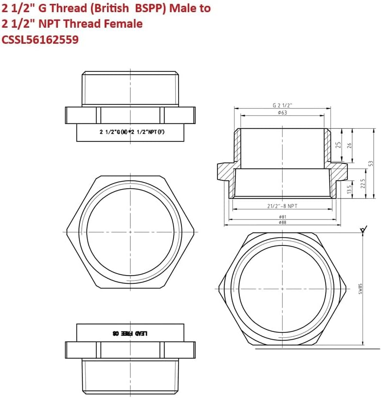 G Thread (British BSPP) Male to NPT Female Adapter - Lead-Free ((2 1/2' x 2 1/2' (2 Pieces)))
