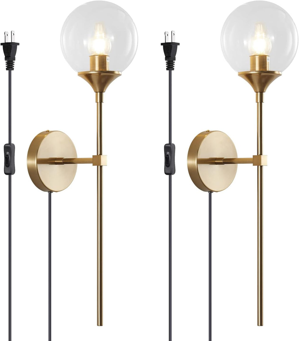 BOKT Modern Long Globe Plug in Wall Sconce Lighting Set of 2 Mid Century Brass Gold Wall Sconce Light Plug in Set of Two Clear Glass Bathroom Bedroom Wall Lamp (Clear-Plug in)