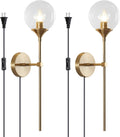 BOKT Modern Long Globe Plug in Wall Sconce Lighting Set of 2 Mid Century Brass Gold Wall Sconce Light Plug in Set of Two Clear Glass Bathroom Bedroom Wall Lamp (Clear-Plug in)