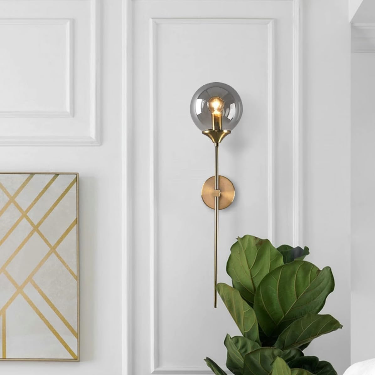 Glass Globe Plug in Wall Sconce Smoke Gray Shade Mid-Century Modern Wall Light Set of 3 Gold Long Wall Mounted Lamp for Bathroom Bedroom Living Room