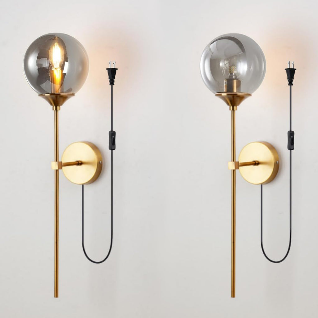 Mid-Century Modern Plug in Wall Light Smoke Grey Glass Wall Sconce Set of Two Gold Long Wall Mounted Lamp 5.9inch Glass Globe Wall Sconce Lighting for Bathroom Bedroom Living Room