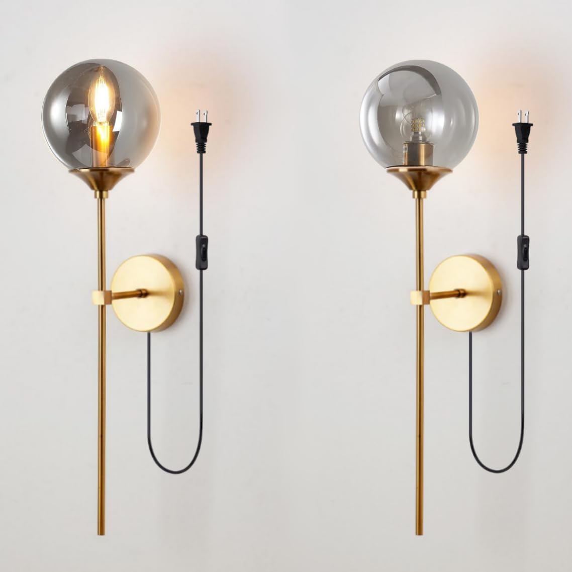 Mid-Century Modern Plug in Wall Light Smoke Grey Glass Wall Sconce Set of Two Gold Long Wall Mounted Lamp 5.9inch Glass Globe Wall Sconce Lighting for Bathroom Bedroom Living Room