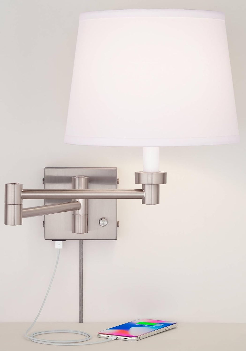 360 Lighting Vero Modern Swing Arm Wall Lamps Set of 2 with USB Charging Port Brushed Nickel Plug-in Light Fixture White Hardback Drum Shade for Bedroom Bedside Living Room Reading House