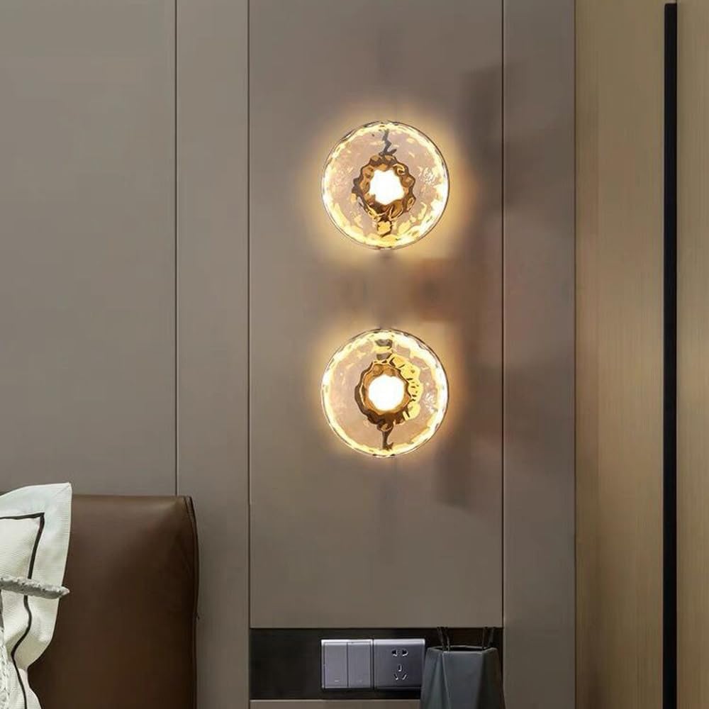 Glass Wall Sconces Set of 2, Modern Disc Shape Light, Mounted Fixture, Indoor Vanity Lamp, Ceiling in 1, for Bedroom Living Room Kitchen Hallway