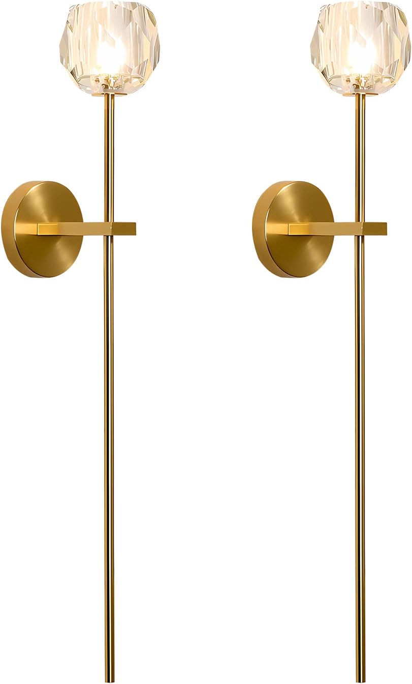 BOKT Mid Century Modern Gold Crystal Wall Sconce Set of Two Brushed Brass Gold Long Wall Sconce Lighting Set of 2 Vintage Clear Glass Hard-Wired Wall Lamp for Bedroom Bedside Living Room