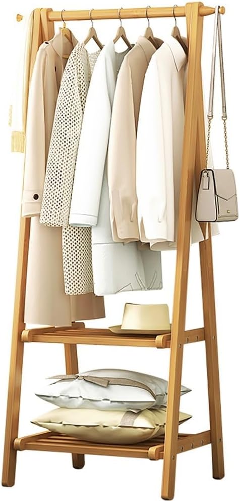 Bamboo Clothing Rack with Double Layer Storage Shelf, 160cm High Hanging Rail, Foldable Lightweight Garment Stand for Bedroom, Versatile Clothes nizer L:66/86/116CM