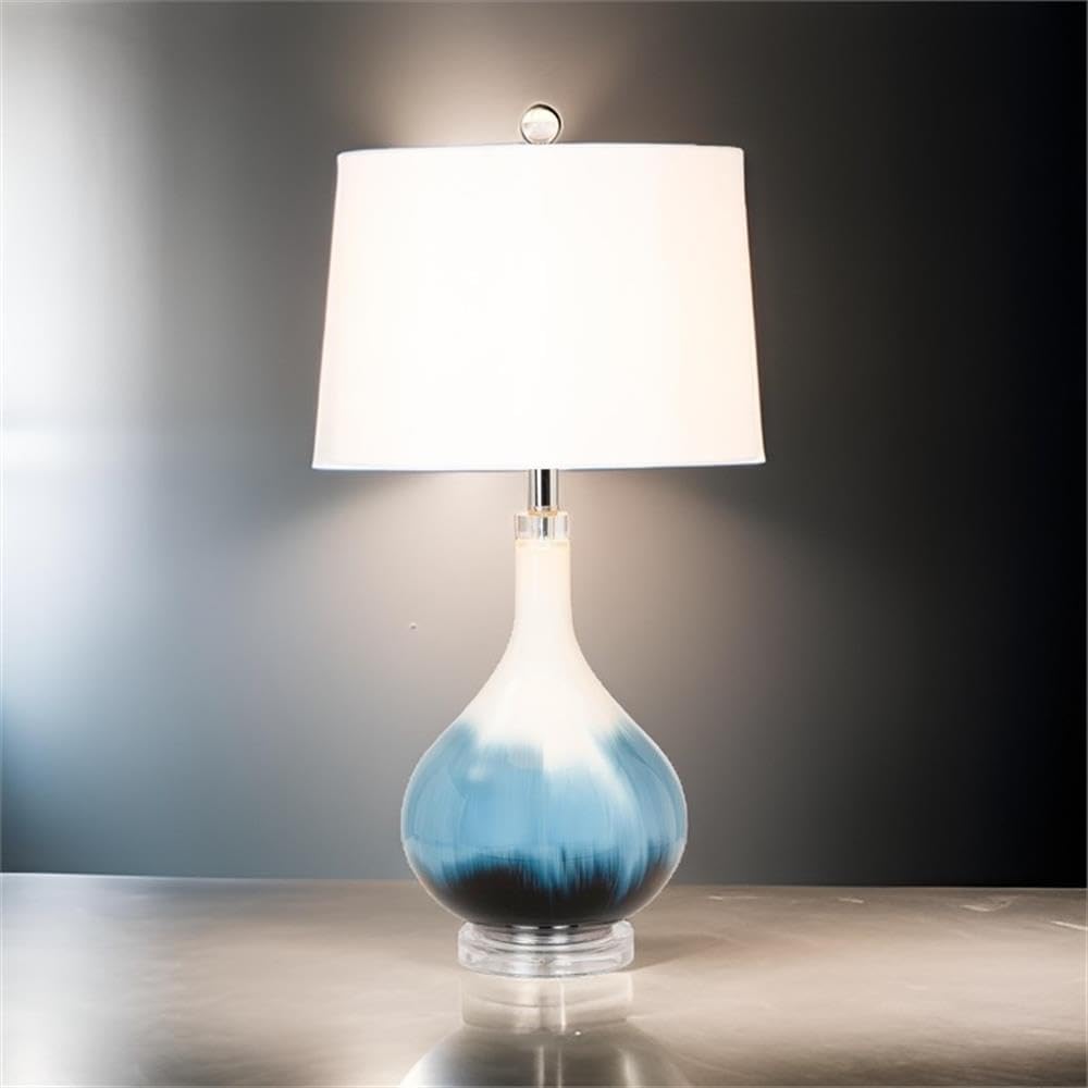 Pemberly Row Table Lamps Set of 2, 28-Inch Blue Tone Glass Base, Linen Hardback Shade, 3-Way Switch, Max 100W Bulb, Elegant Lighting for Living Room or Bedroom Decor