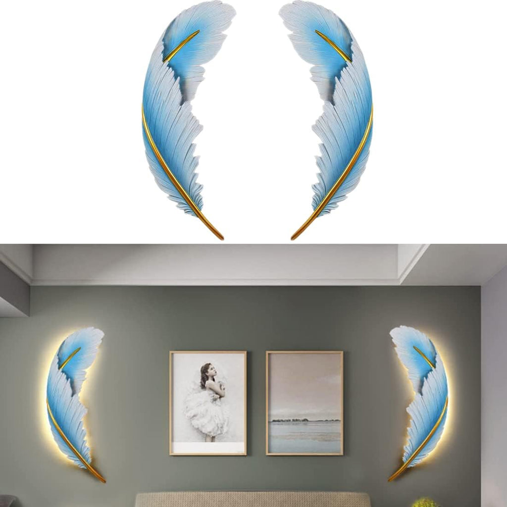 Dimmable Wall Lamp Set of 2 LED Wall Mount Light Fixtures Blue Feather Design Mid-Century Modern Feather Wall Lamp for Bedroom Living Dining Room Hallway