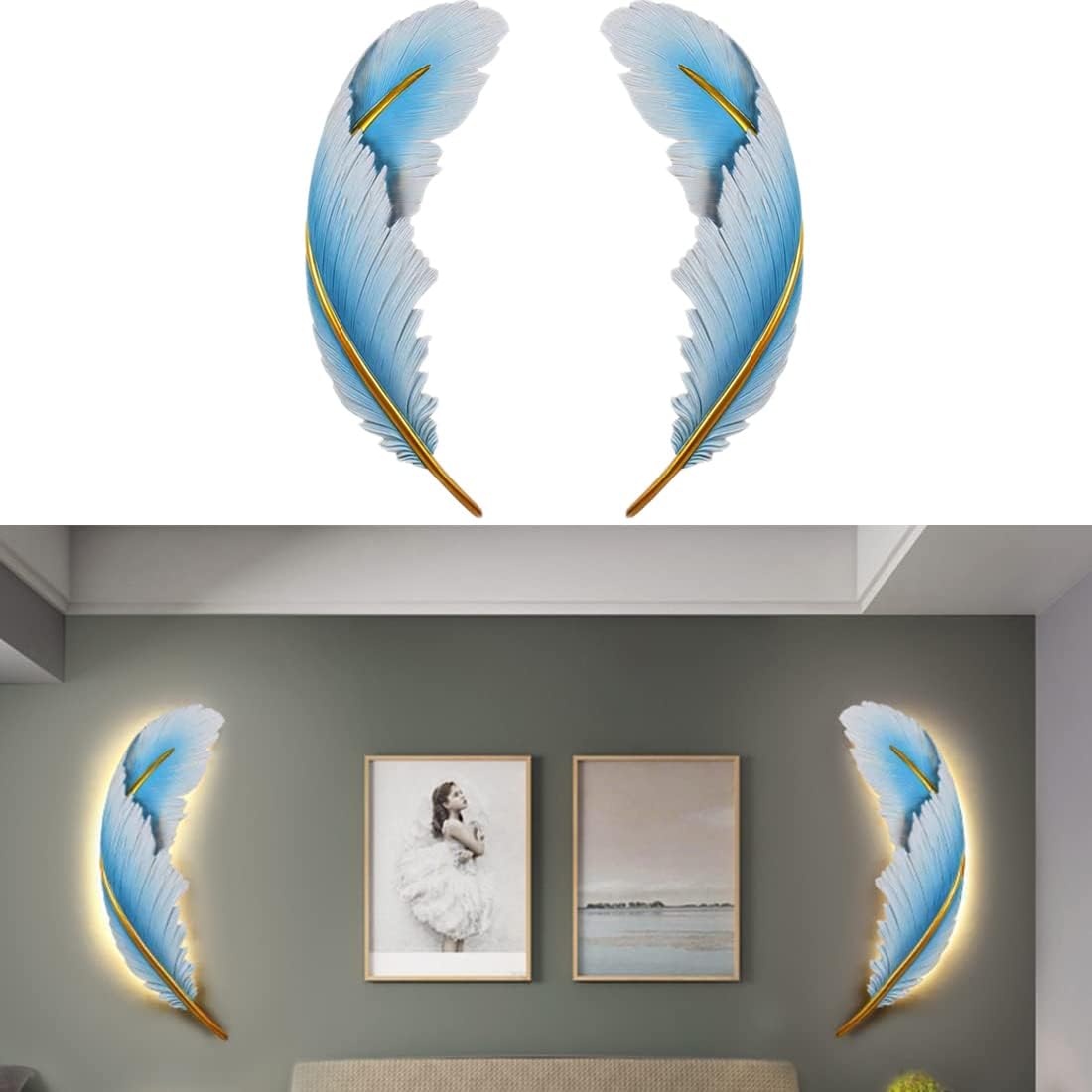 Dimmable Wall Lamp Set of 2 LED Wall Mount Light Fixtures Blue Feather Design Mid-Century Modern Feather Wall Lamp for Bedroom Living Dining Room Hallway
