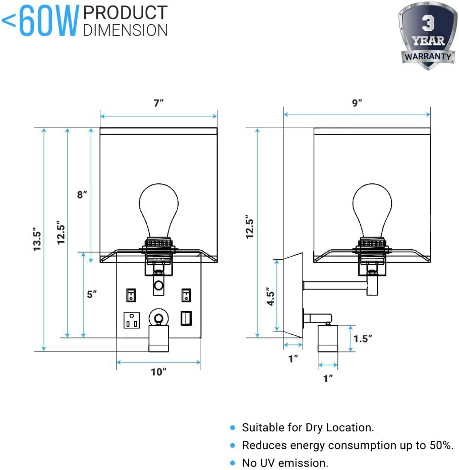 LEDMyplace 1-Light LED Wall Sconces, Indoor Wall Lamps for Living Room with USB Ports and Outlet, E26 Base, 120V, Iron Body, White Fabric Shade, Brushed Nickel Finish, Sconces for Bedroom Set of 4,