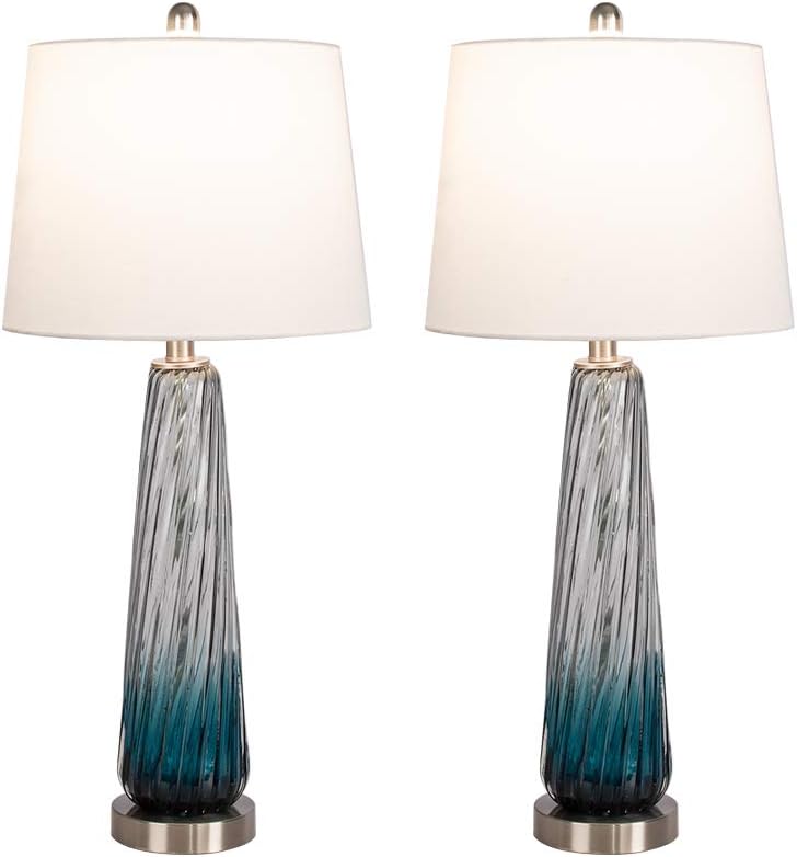Maxax 29' Coastal Glass Table Lamps Set of 2, Modern Blue Bedside Lamps for Living Room 3 Way Dimmable Tall Glass Bedroom Lamp for Nightstand
