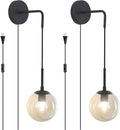 BOKT Matte Black Amber Glass Wall Sconce Light Set of Two Plug in Mid Century Modern Globe Wall Sconce Lamp Set of 2 Plug in Cord Farmhouse Industrial Bathroom Wall Light (Amber)